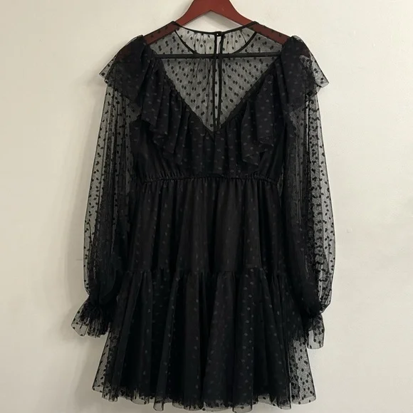 Milly Black dot Tulle Ruffled Tiered Sundress with Bishop Sleeves sz -4 - Picture 6 of 9